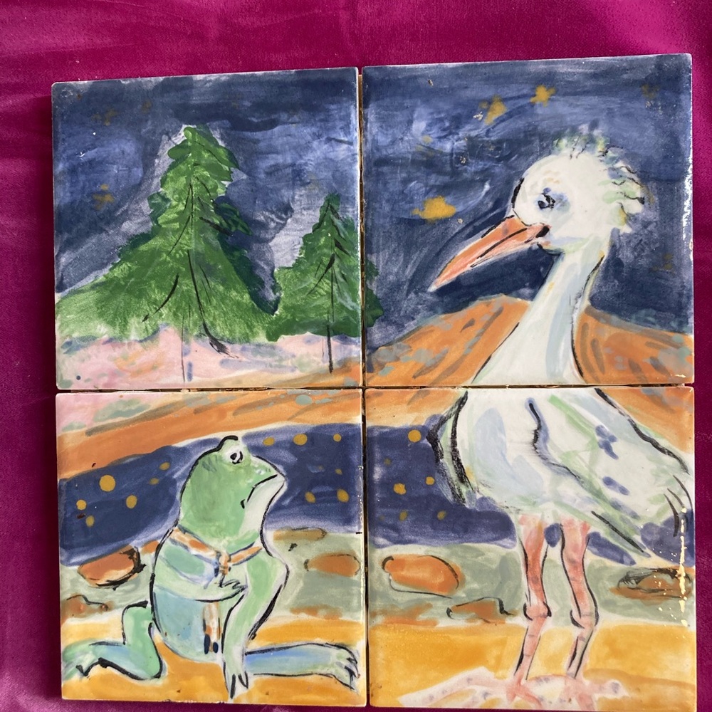 Ceramic Art 4 Tile Trivet Handmade Stork And Frog Design Wood Back